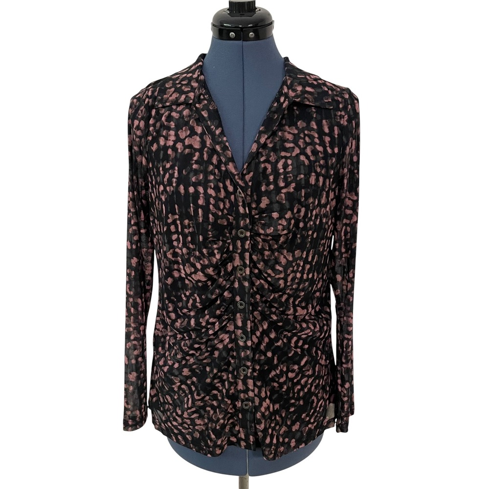 Jane + Delancey Pink Black Leopard Sheer Ruched Button‎ Up Top Whimsigoth Y2K M